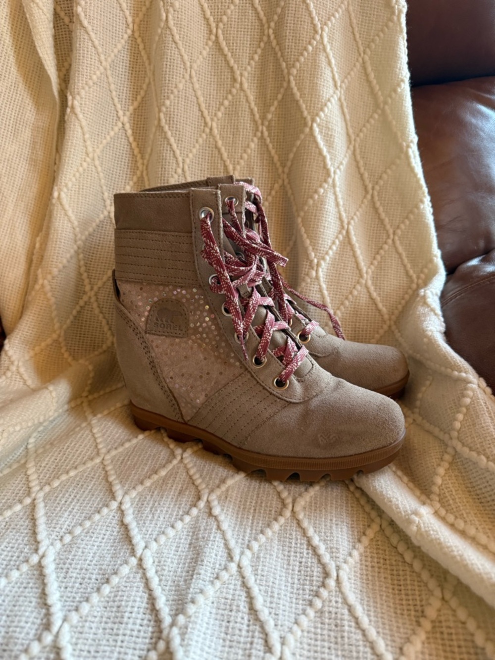 Sorel Lace-Up Ankle Boots in Taupe with Pink Laces